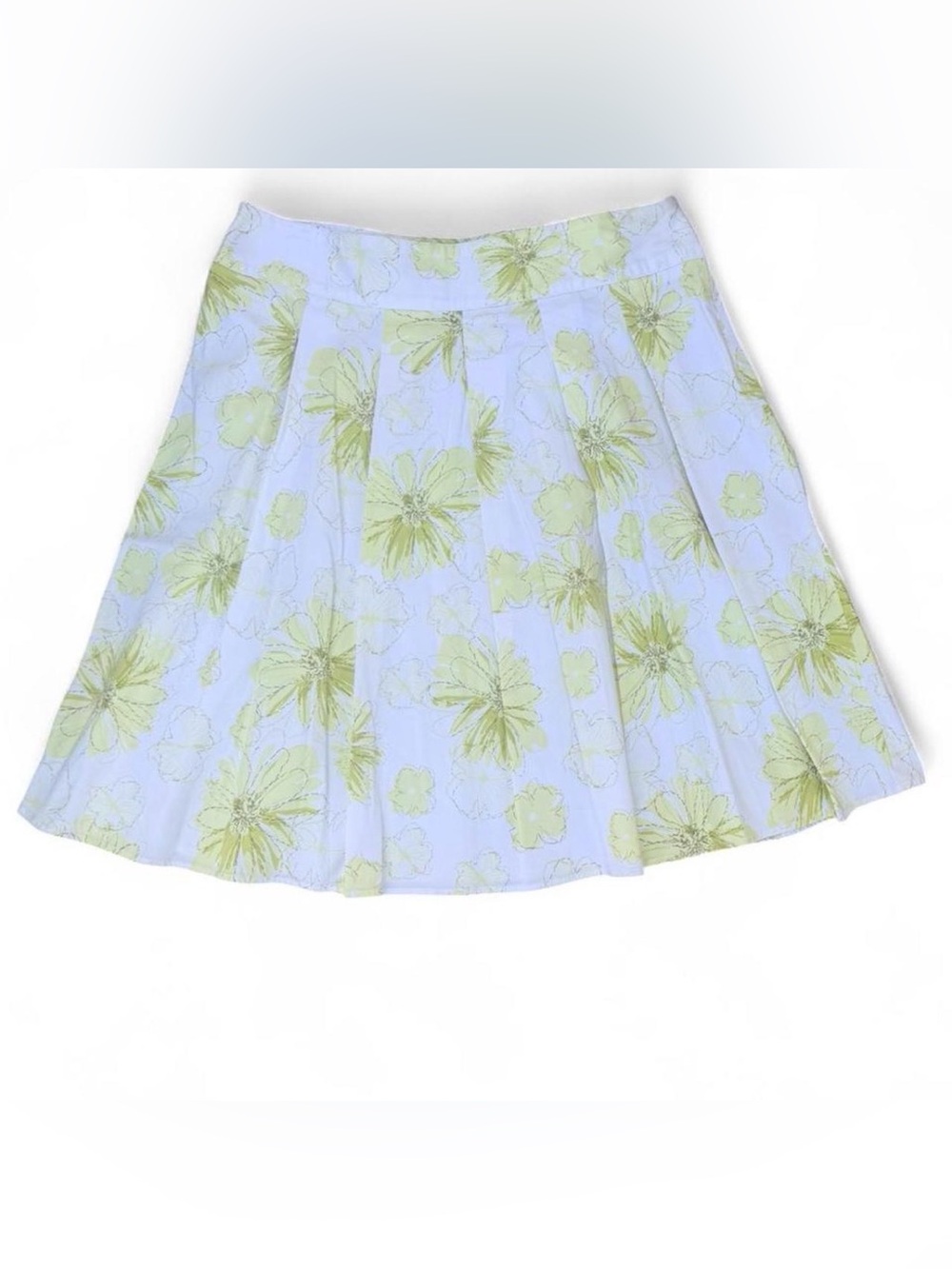 Floral Pleated A-Line Skirt - Light Blue with Lime Flowers